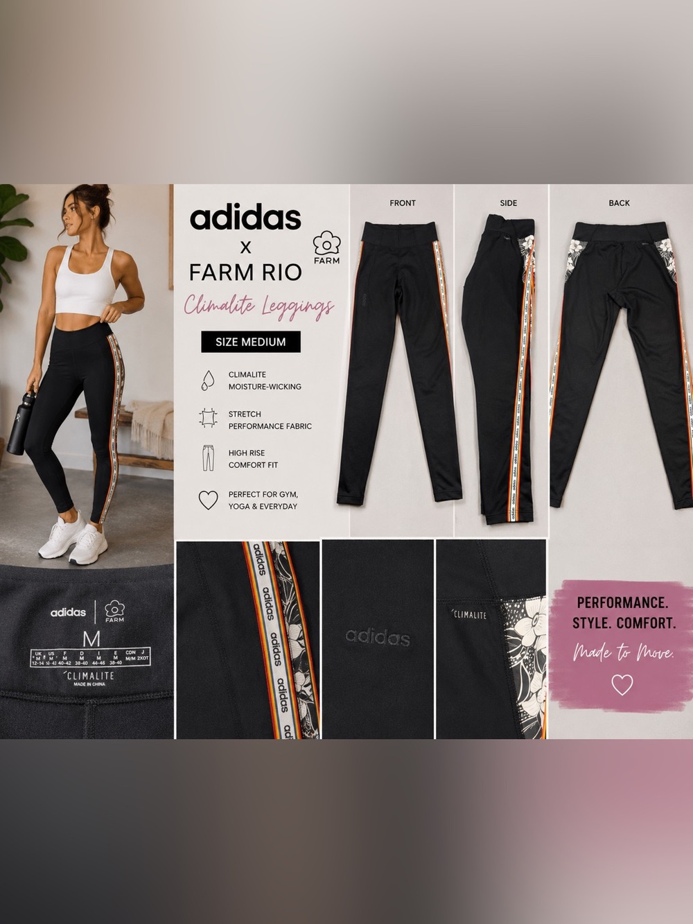 adidas x Farm Rio High Rise Leggings Size M Athleisure Yoga Activewear
